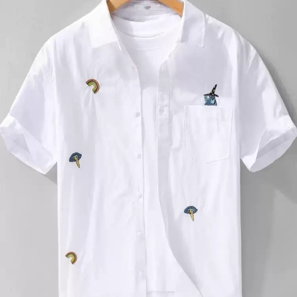 Embroidered Rainbow Mushroom White Shirt